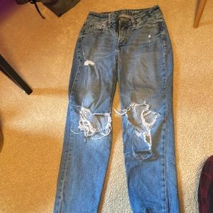 women’s straight leg blue jeans ripped at the knee high waisted jeans